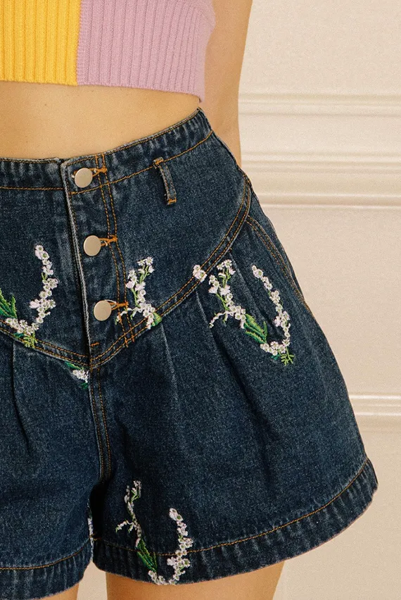 Angelica Bestickte Blumen-Denim-Shorts - Schlussverkauf 40% Rabatt im Warenkorb