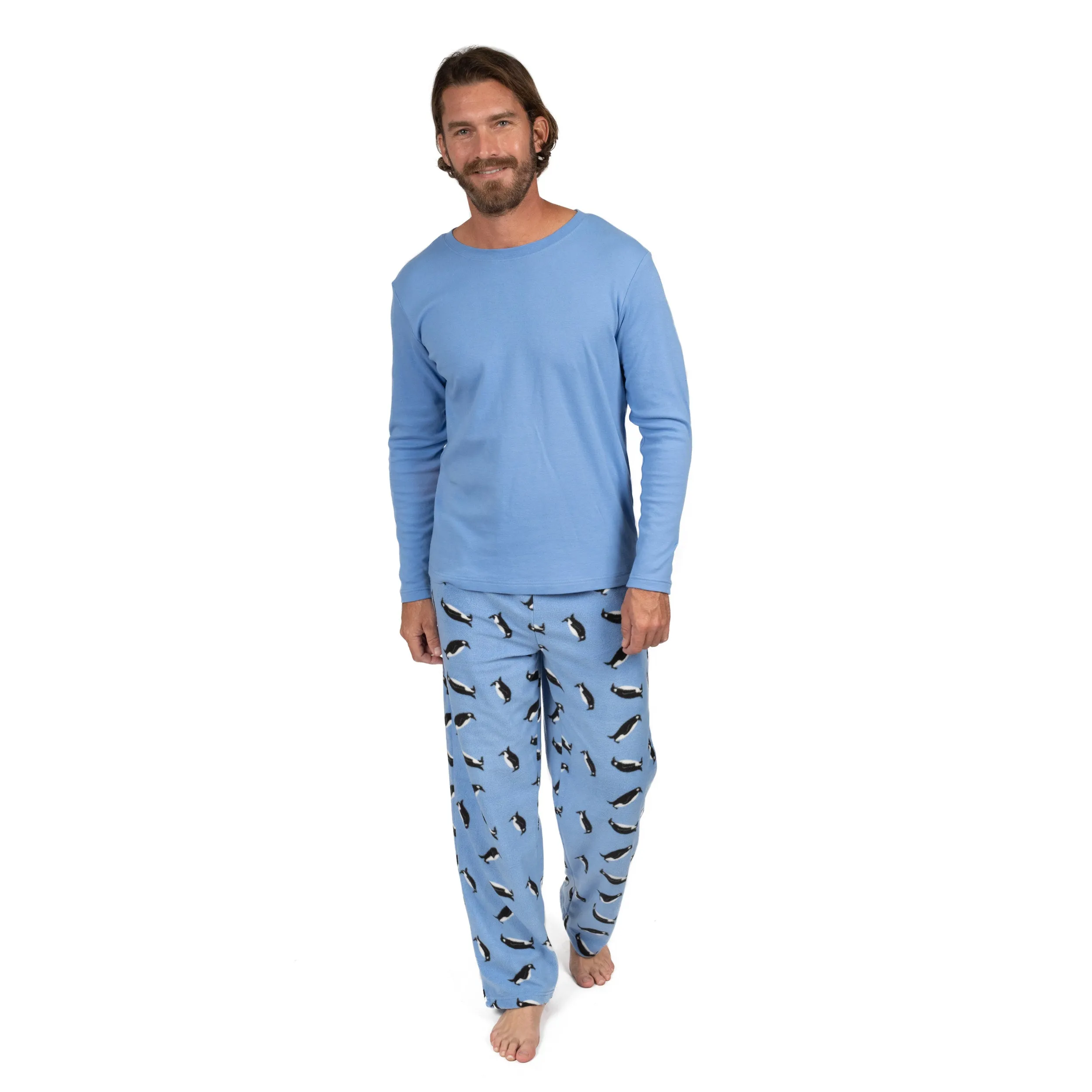 Weihnachts-Pyjamas für Herren aus Baumwolle und Fleece mit Pinguin-Muster