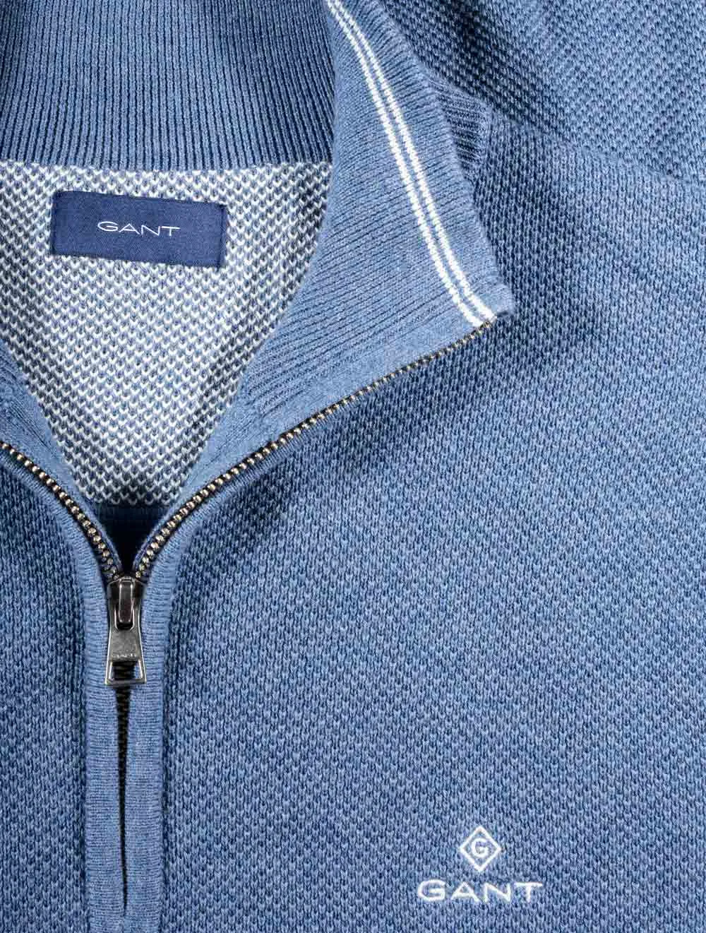 Baumwoll-Piqué-Halbzip in Denim Blue Melange