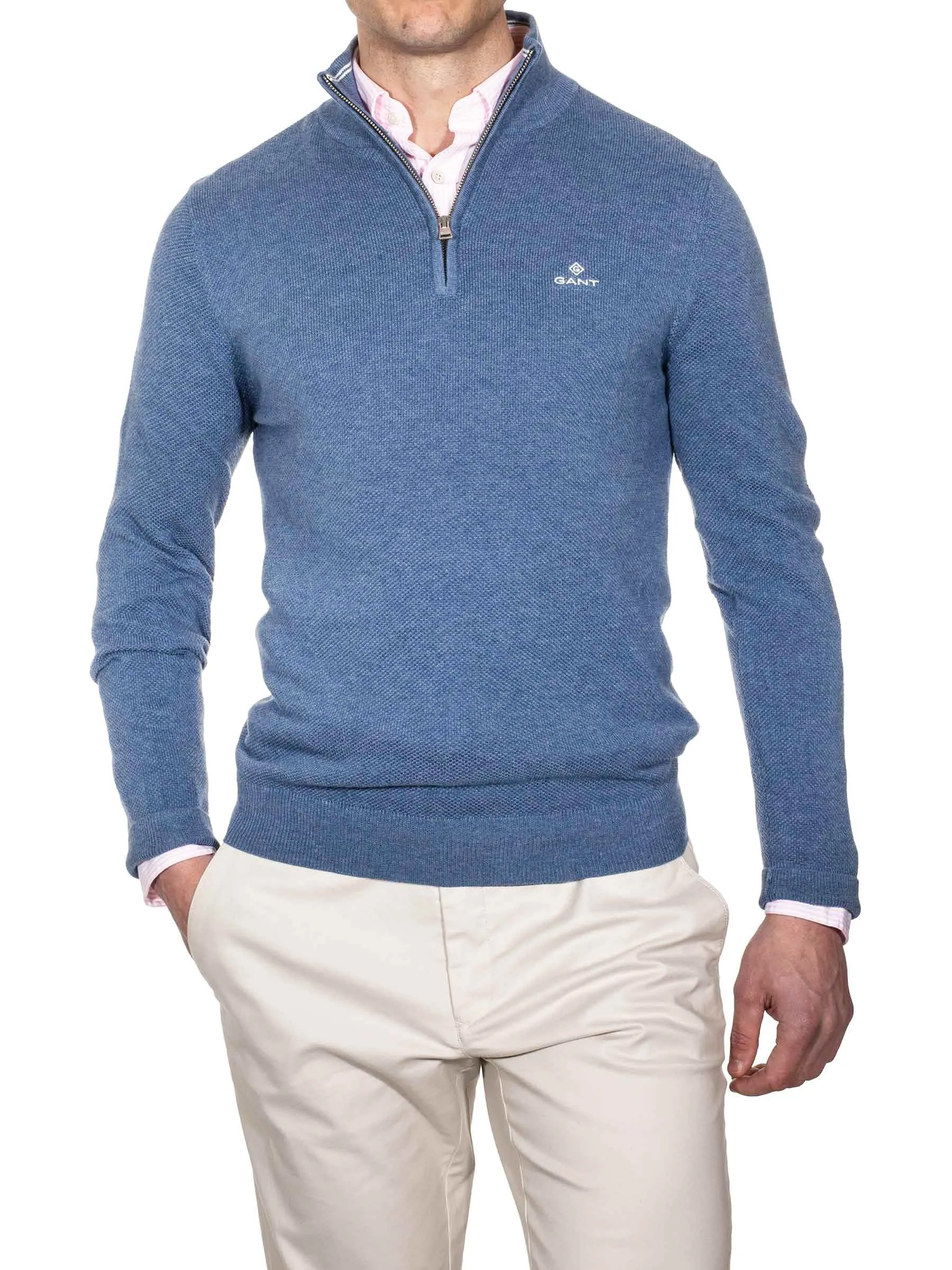 Baumwoll-Piqué-Halbzip in Denim Blue Melange