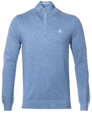 Baumwoll-Piqué-Halbzip in Denim Blue Melange