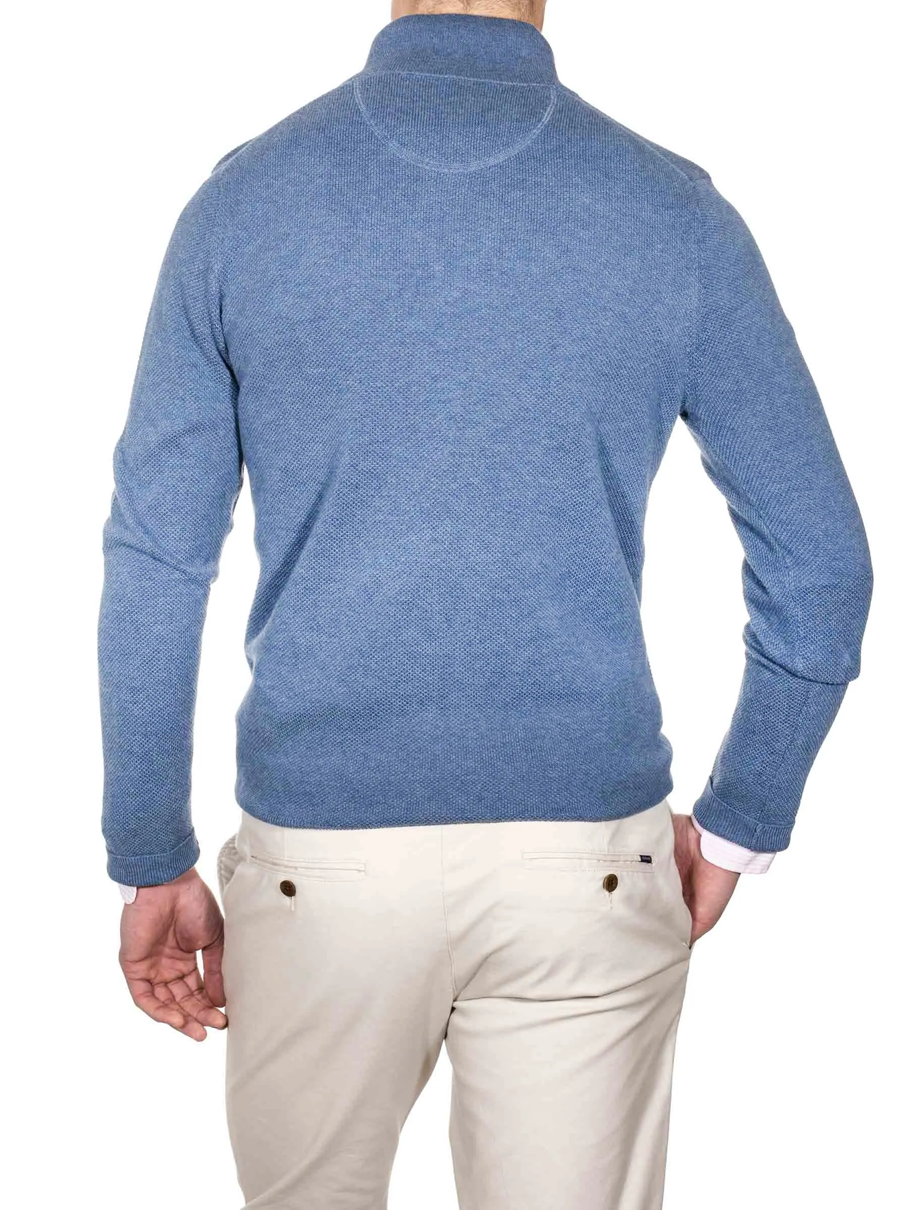 Baumwoll-Piqué-Halbzip in Denim Blue Melange