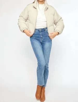 Crop-Pufferjacke mit Reißverschluss in Creme