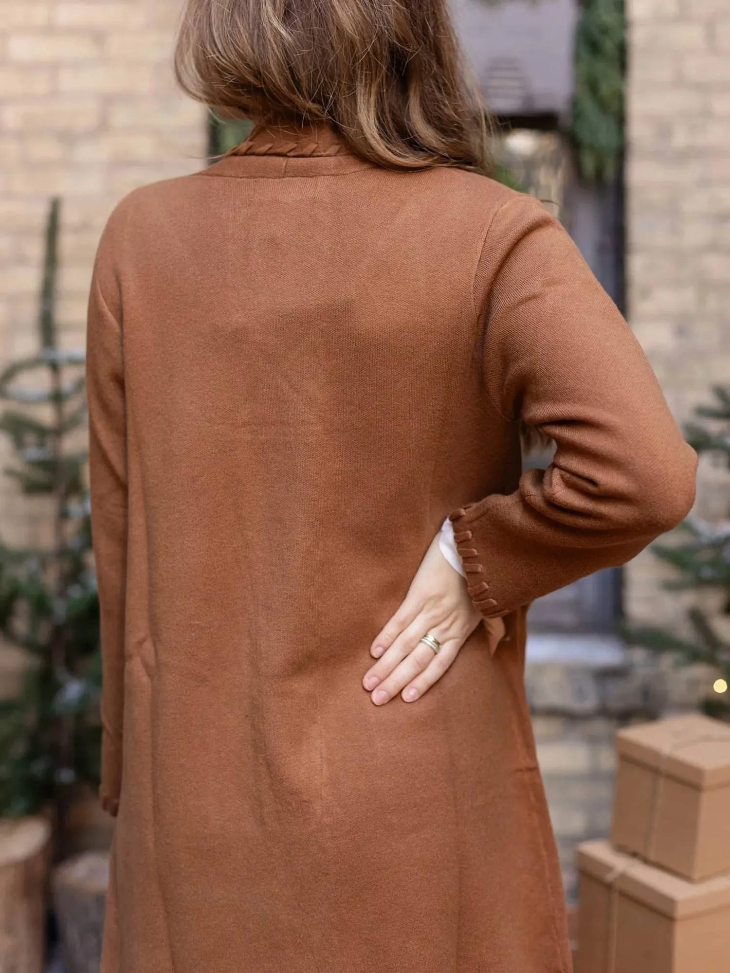 Edge Detail Offener Strickcardigan in Kamel