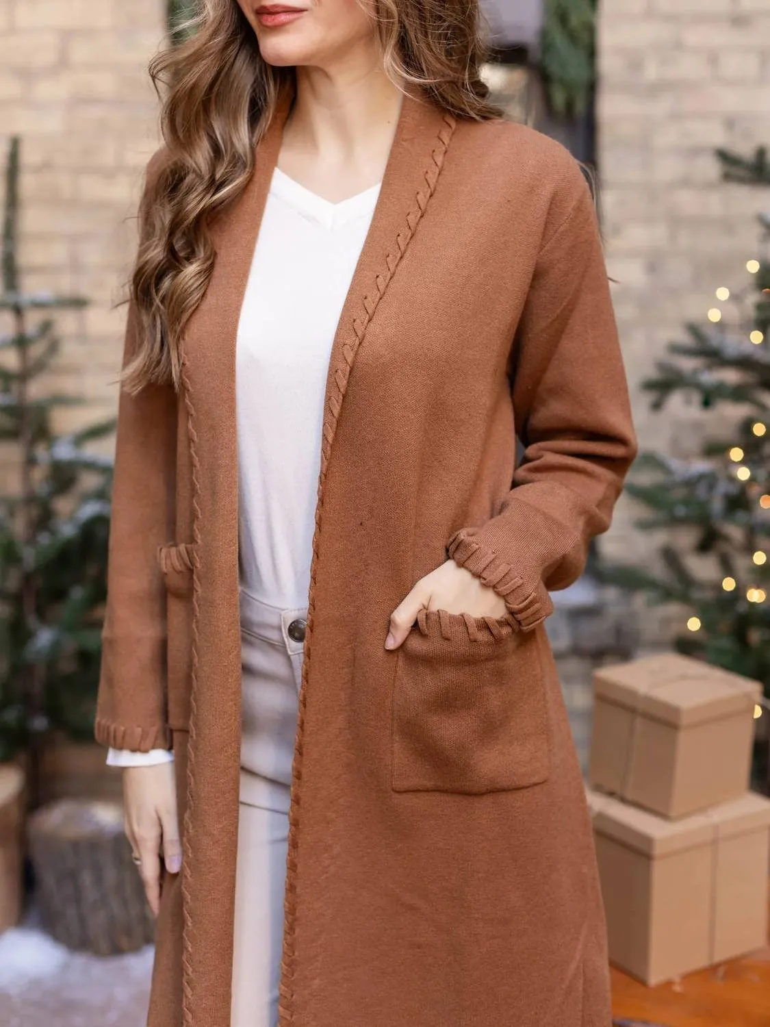 Edge Detail Offener Strickcardigan in Kamel
