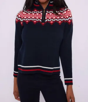 Fair Isle Reißverschluss-Pullover in Marineblau