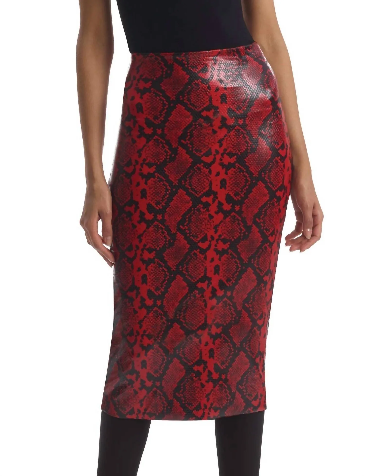 Faux-Leder-Tier-Midi-Rock in Roter Schlangenoptik
