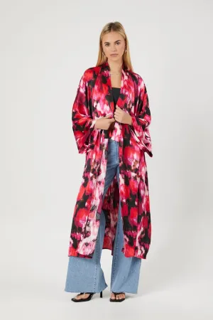 Forever 21 Damen Satin Kimono mit abstraktem Druck Rot/Mehrfarbig Forever 21