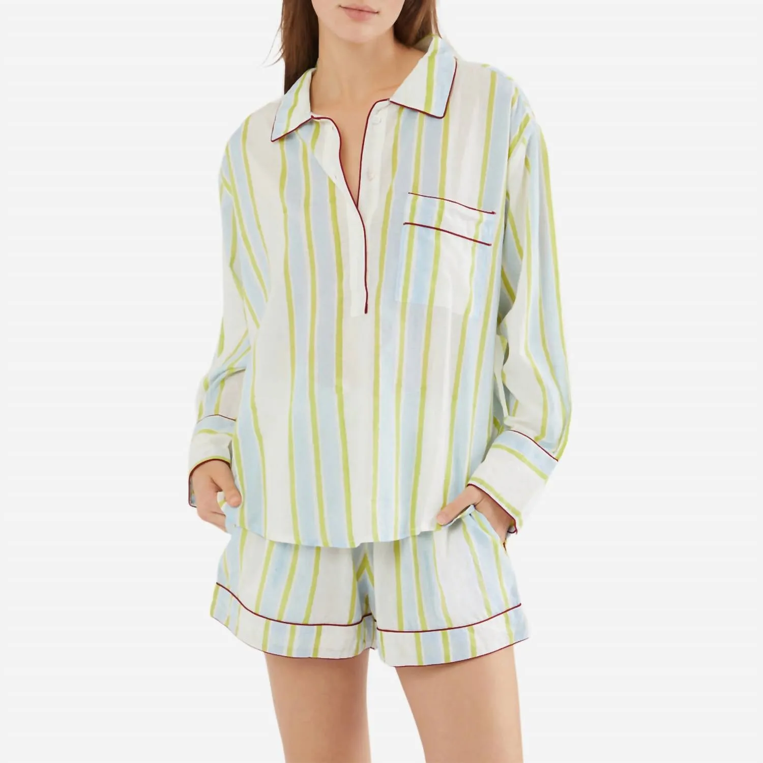 Leichtes Baumwoll-Pyjama-Set mit Streifen in Babyblau / Grün