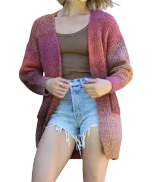 Marlierter Chunky Strickcardigan mit Taschen in Sonnenuntergangsfarben