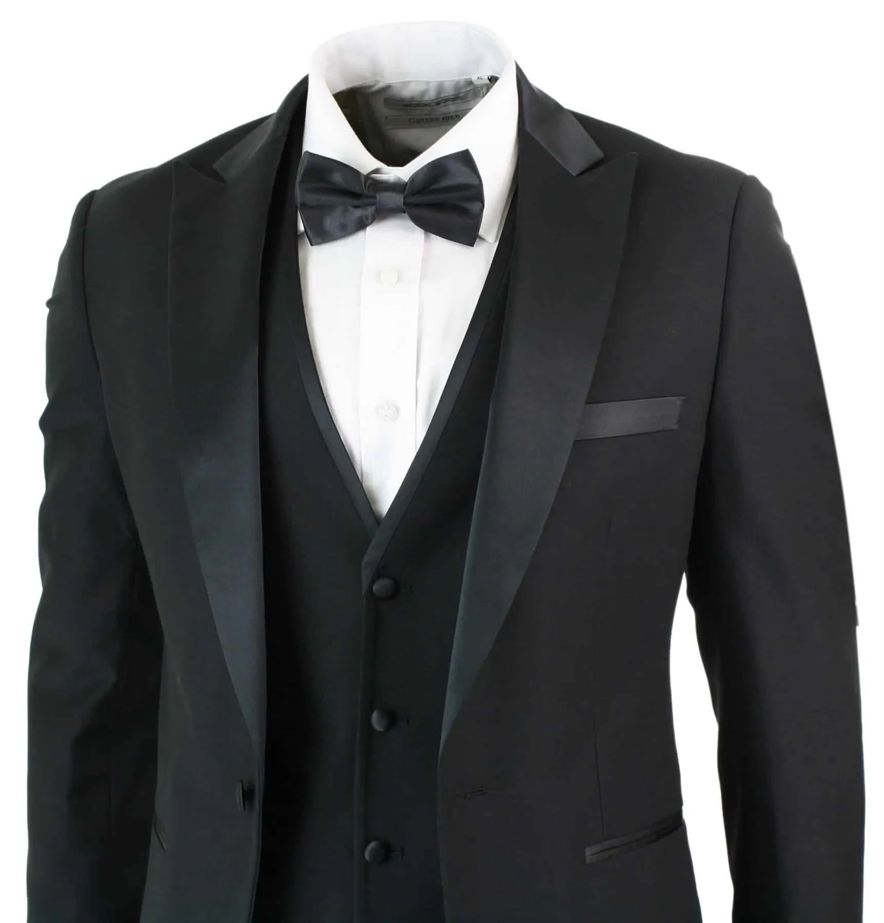 Herren 3-teiliger schwarzer Smoking Anzug Klassische Satin Abendanzug Maßgeschneidert Hochzeit Prom