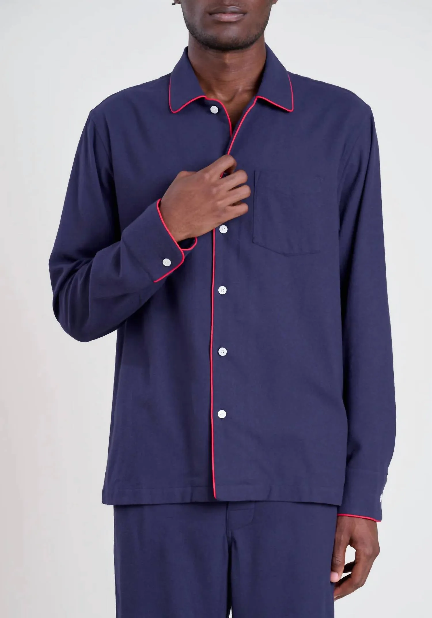 Herren-Henry-Pyjama-Set in Marineblau/Rot mit Flanell-Paspelierung