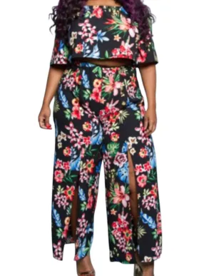 Top und Hose-Set mit Schlitzen in Schwarz Multi