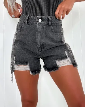 Weekend Glam Strass-Fransen-Denimshorts - Anthrazit