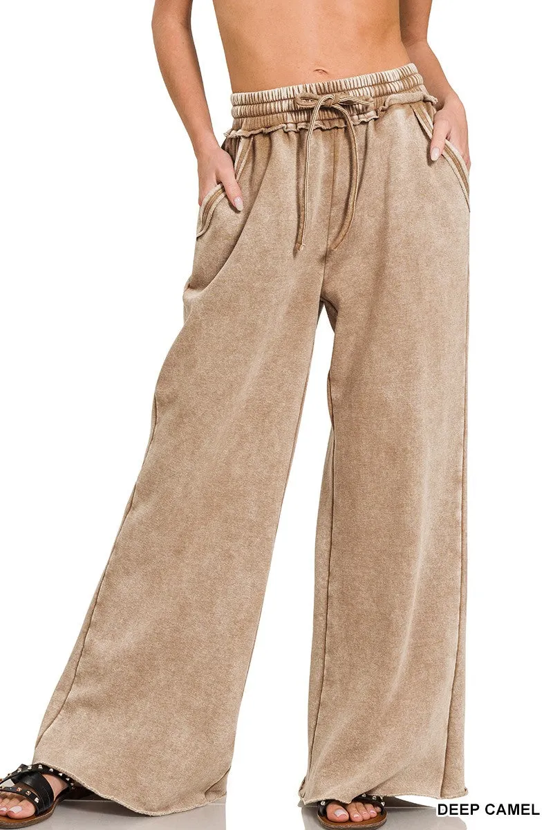 Zenana Acid-Gewaschener Fleece Palazzo Jogginghose OPW-4343Y