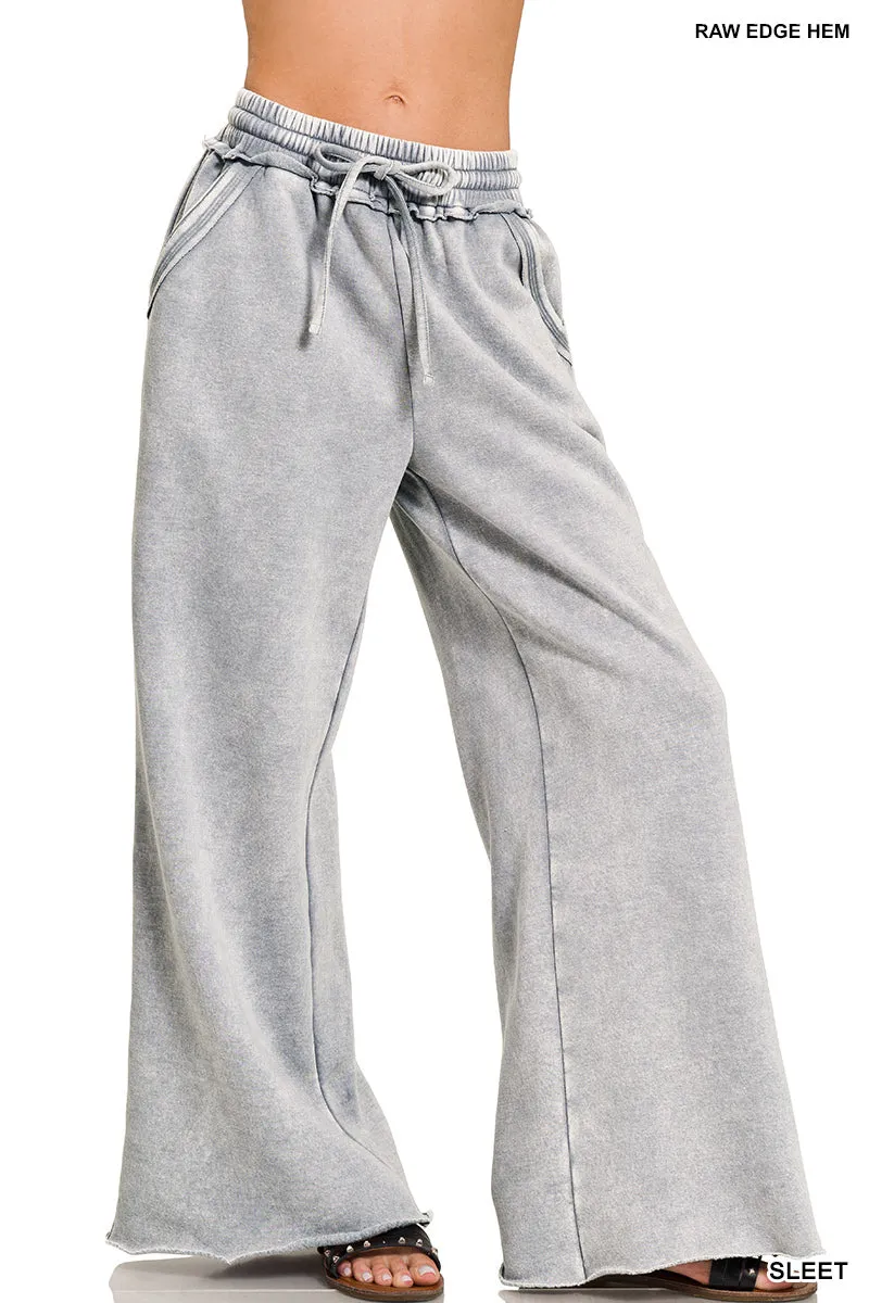 Zenana Acid-Gewaschener Fleece Palazzo Jogginghose OPW-4343Y