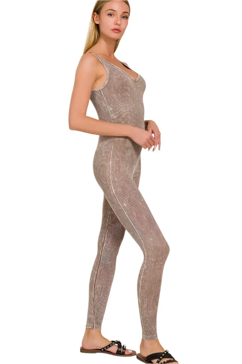 Zenana Stone Washed Rippenstruktur Nahtloser Sport-Overall NPW-6369 Mokka