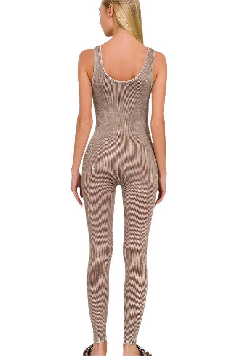 Zenana Stone Washed Rippenstruktur Nahtloser Sport-Overall NPW-6369 Mokka