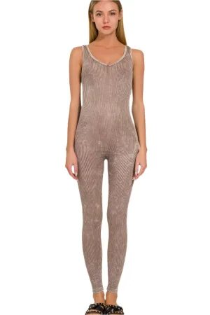 Zenana Stone Washed Rippenstruktur Nahtloser Sport-Overall NPW-6369 Mokka